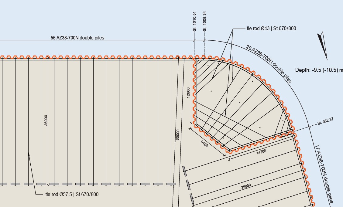 Plan view of a corner of the new quay wall