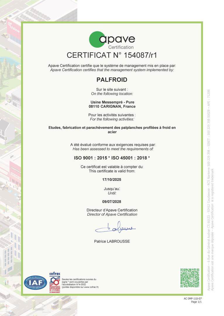 ISO certificate PALFROID 2025